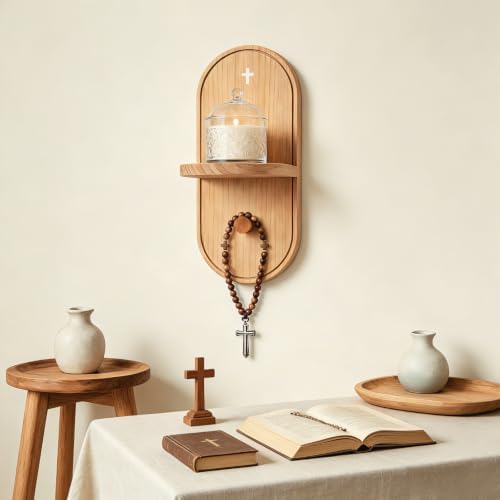 Prayer Shelf, Wooden Wall Mounted Rosary Holder with Cross Detail and Candle Space, Compact Prayer Display Shelf for Bedroom Entryway and Daily at Home - Image 5