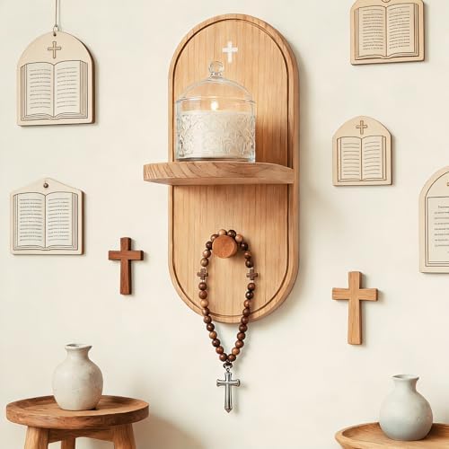 Prayer Shelf, Wooden Wall Mounted Rosary Holder with Cross Detail and Candle Space, Compact Prayer Display Shelf for Bedroom Entryway and Daily at Home - Image 6