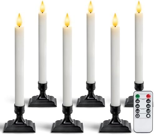 Homemory Real Wax Window Candles with Remote Timer Dimmer, Flameless Taper Candles with Holders, Christmas Candle for Window Battery Operated, LED Candlesticks for Home Holiday Decor, 6 Pcs White by Homemory