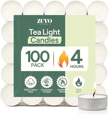 Zuvo Tea Lights Candles 4 Hour Burn (100 Pack) - White Lights - 1.5"W x 1"H Smokeless & Unscented Candles - Party Candles- for Weddings, Home Decor by Zuvo