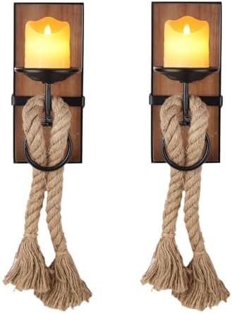Wall Sconce Candle Holder Black Wall-Mount Metal and Wooden Candle Holders Hanging Iron Wall Candle Sconce Holder with Hemp Rope Decoration, for Home, Living Room, Bathroom, Dining Room, Set of 2 - Image 2