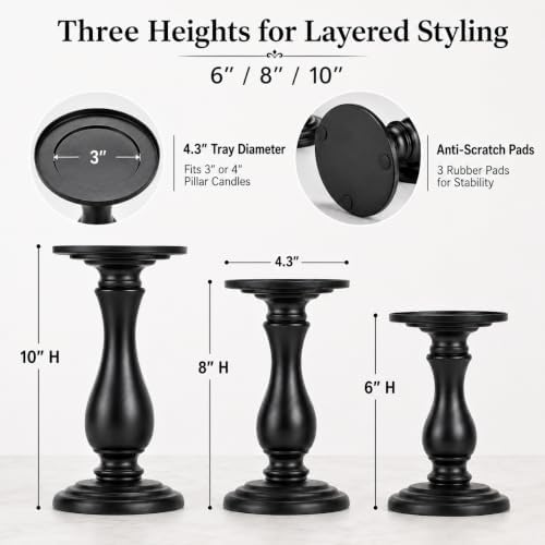 Matte Black Pillar Candle Holders Set of 3, 6/8/10 Inch Metal Stands for 3 or 4 Inch Pillars, Fireplace Mantel Table Centerpiece, Rustic Farmhouse Wedding Decor - Image 3