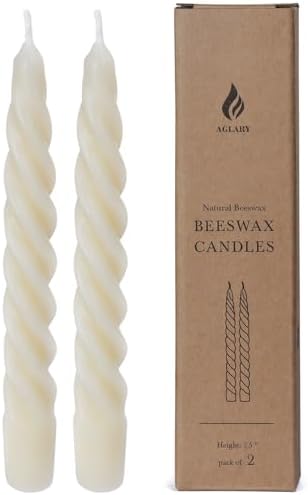 2PCS 7-Inch Pure Beeswax Spiral Taper Candles, Cream White, Dripless by Aglary