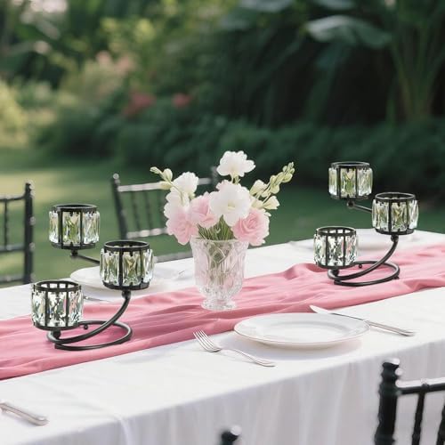 Metal 3 Arm Crystal Candle Holder - Tea Light Centerpiece Candle Holder, Votive Holder with Sparkling Crystal Bowl, Suitable for Wedding, Table Centerpiece, Home Decor (1, 3 arm-Black) - Image 6