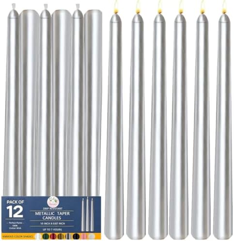 12 Pack Unscented Metallic Silver Taper Candles, Dripless Smokeless by Beilisen