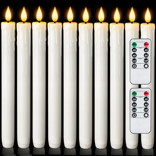 Homemory 12 Pcs Real Wax Flameless Taper Candles with Remote Timer and Dimmer, Battery Operated Candlesticks with Flickering Light, White Window Candles, 9.6 Inches for for Wedding Home Decor by Homemory