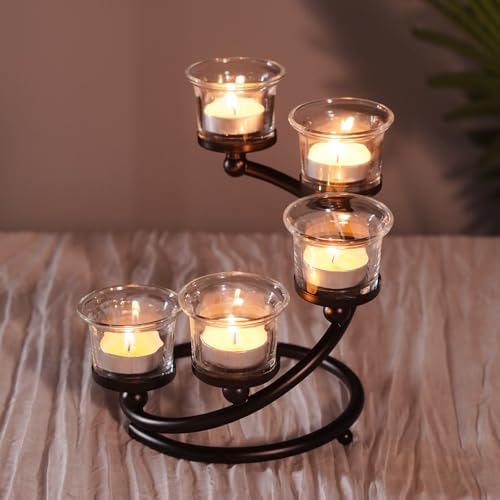 2Pcs Black 5-arm Metal & Glass Tea Light Candle Holders for Table Centerpiece, Glass Votive Tealight Holders/Candelabra Candlestick Holders for Wedding,Party, Anniversary,Christmas - Image 4