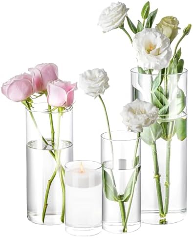 4 Pack Glass Cylinder Vases 4,6,8,10 Inch Tall Clear Flower Vase Hurricane Floating Candle Holder for Table Centerpiece Wedding Home Decor by Homjoy
