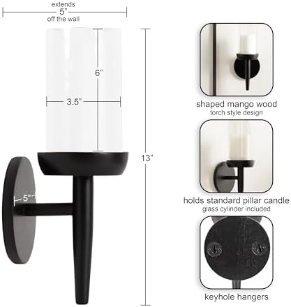 Kate and Laurel Shae Transitional Wooden Wall Sconce; 5 x 5 x 13; Black; Modern Candle Holder with Removable Glass Cylinder for Flameless Pillar Candles in Bedroom or Entryway - Image 2