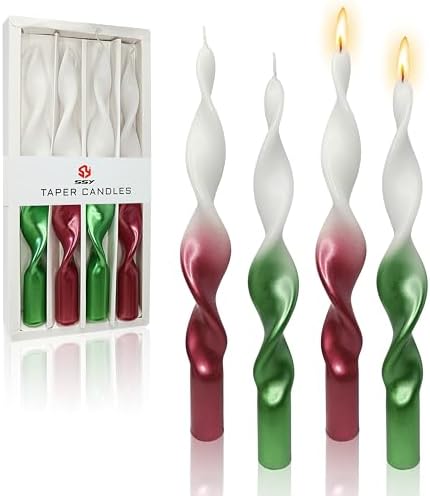 10 Inches Christmas Spiral Taper Candles Colorful Twisted Candle Dripless Long Candles, Handmade Candlesticks for Wedding Dinner Decor, Set of 4(Gradient Metallic Red Green) by FCMSHAMD
