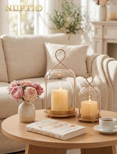 NUPTIO Glass Lanterns Decorative Outdoor, Gold Hurricane Candle Holders - Image 3