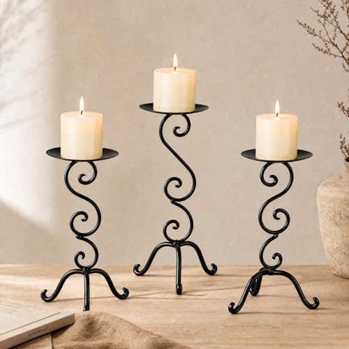 3 Pcs Black Iron Candlestick Holders 11.8,9.8,6.3 Inch, Antique by Ferrochef