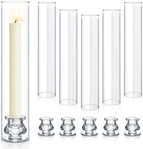 6 Set Hurricane Glass Candlestick Holders 12.6" Two Side Open Glass Candle Holders and 2.2" Taper Candlesticks Holder Bulk for Table Centerpiece Wedding Christmas Home Decor by Homjoy