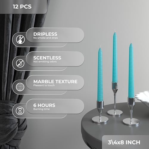 CANDWAX 8 inch Teal Taper Candles Set of 12 - Unscented Smokeless Dripless Tall Candlesticks - Perfect for Holidays, Ordinary Dinners and Special Occasions - Turquoise Taper Candles - Image 2