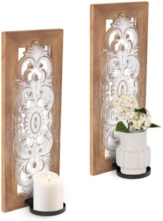Wall Candle Sconces Set of Two, Rustic Wood Candle Sconce Shabby Chic Wall Decor, Distressed Carved Brown Wooden Wall Candle Holder for Farmhouse, Bedroom, Fireplace, Brown by CEDARLUX
