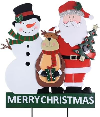 Outdoor Christmas Decorations, 3 Metal Snowman Santa Claus Deer Decorative Garden Stakes for Christmas Outdoor Yard, Xmas Signs for Home Outside Yard Lawn Porch Pathway Xmas Decor by YEAHOME