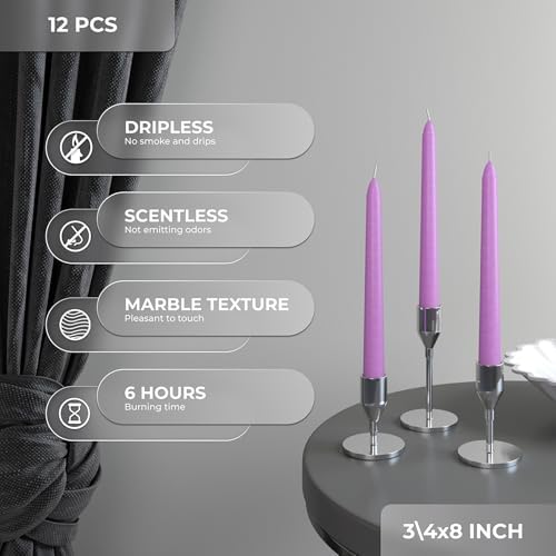 CANDWAX 8 inch Taper Lilac Candles Set of 12 - Unscented Smokeless Dripless Tall Candlesticks - Perfect for Special Occasions, Ordinary Dinners, for Mother's Day - Lavender Candle Sticks - Image 4