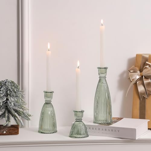 Vertical Stripe Candlestick Holders Set of 3, Premium Glass Candle Holders for Candlesticks and Taper Candles, Vintage Candle Holder Decor for Table Centerpiece, Green by Joyfice