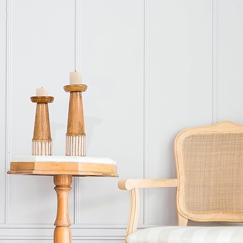 Perilla Home Wooden Pillar Candle Holders Set of 2 - Home Decor Candle Holder Centerpiece - for, Taper Candles, Dining Table Candle Holder Halloween, Home Decor, Candlesticks - Rustic Brown - Image 3