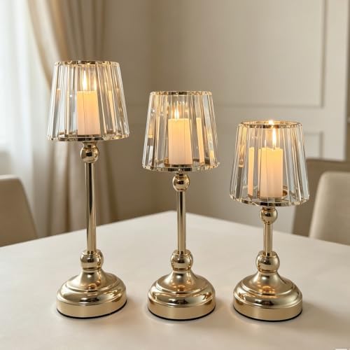 Set of 3 Glass Gold Hurricane Candle Holders by VINCIGANT