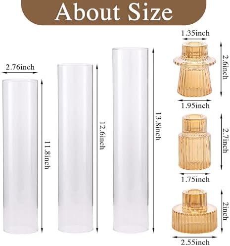 NITIME 9 Set Hurricane Glass Candle Holders for Table Centerpieces, Gold Candlestick Holders with Windproof Cylinder Covers(11.8"/12.6"/13.8" H), Taper Candle Holders for Wedding, Party and Home Decor - Image 2