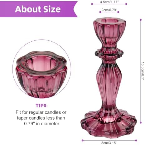Glass Candle Holders, 2PCS Wide Base Candlestick Holder Decorative Candle Stand Table Centerpieces for Halloween Christmas Wedding Birthday Party, Dark Purple - Image 2