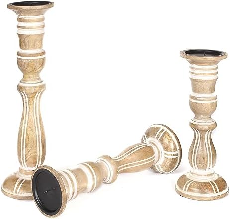 Wooden Candle Holder Set of 3, Tall White Antique Pillar Candle Holders, Rustic Farmhouse Decor, Brown Wooden Candle Stands for Home Decoration - 16, 14, 12 Inch Height - Image 4