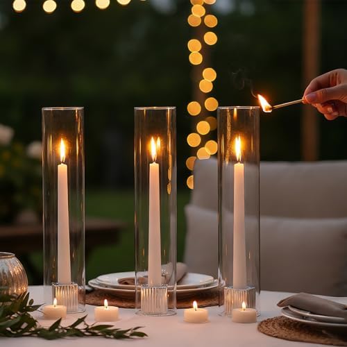 LETINE Hurricane Candle Holders with Silver Ribbed Taper Candle Holders Set of 9 (14")– Bulk Windproof Taper Candle Hurricane Glass for Outdoor&Indoors Wedding Centerpiece, Event & Home Decor - Image 6