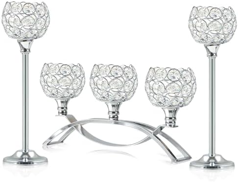 Crystal Tealight Candle Holder Centerpiece Home Decorative Candlestick Holder Elegant Table Centerpiece Home Decor Wedding Party Anniversary (Silver, Set of 3) by KOLNLALA