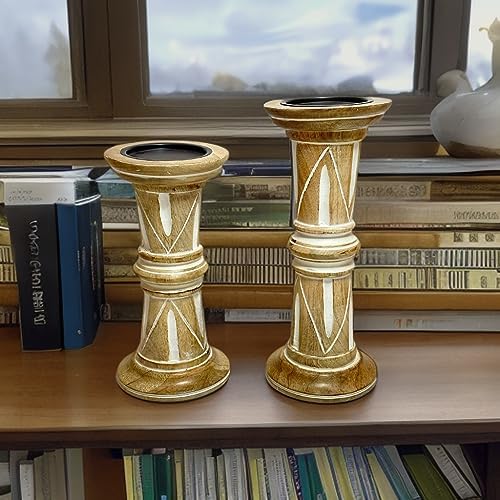 Perilla Home Wooden Pillar Candle Holders Set of 2 - Home Decor Candle Holder Centerpiece - for, Taper Candles, Dining Table Candle Holder Halloween, Home Decor, Candlesticks - Rustic Light Brown - Image 2