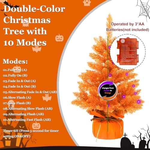 2FT Orange Halloween Tree with Lights, 50 LED Multicolor Prelit Mini Artificial Orange Christmas Tree, Tabletop Spooky Halloween Tree for Desk Home Indoor Holiday Party Decorations - Image 7