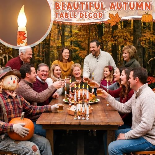 Lounsweer 8 Pcs Fall Flameless Taper Candles LED Candles 10'' Wick Flickering Electric Tall Flameless Candlesticks Battery Operated for Thanksgiving Fall Autumn Home Party Decor - Image 3
