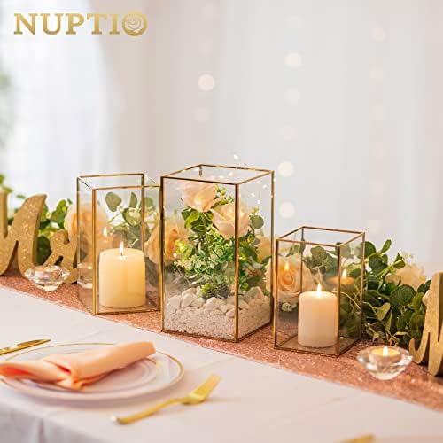 Nuptio Glass Hurricane Candle Holder Set of 3 Gold Pillar Candle Holders Large Rectangular Candleholder Table Centerpieces Decoration for Wedding Christmas Holiday Home Ornaments 9.5 & 8.1 & 6.5 inch - Image 2