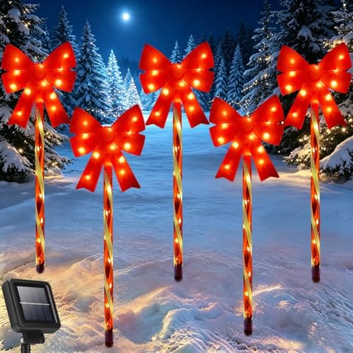 Outdoor Christmas Decorations Solar Pathway Lights, Red Bow Candy, Set of 5 by TGTAAH