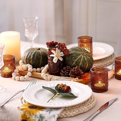 DEVI 24pcs Vintage Amber Votive Candle Holders, Amber Glass Tea Lights Candle Holder for Baby Shower, Boho Wedding Decorations, Vintage Boho Party Home Fall Centerpieces Table Decoration - Image 4