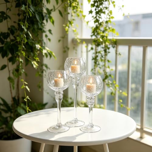 Hosley Set of 3 Crackle Clear Glass Tealight Holders -12 Inch, 10 Inch, 9 Inch Ideal for Weddings Special Events Parties - Image 6