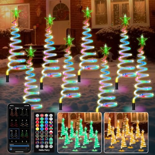 24'' Christmas Pathway Lights Outdoor, 8 Pack Multicolor 152 LEDs Smart Spiral Xmas Tree Light with APP&Remote, DIY, Timer, Waterproof LED Christmas Outdoor Decorations for Yard Patio Walkway (2FT*8) by PZETCEIR