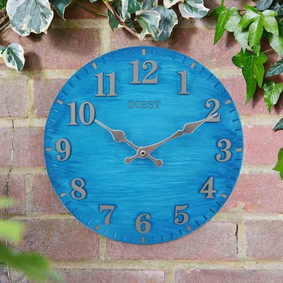 OCEST 12 Inch Indoor Outdoor Clock, Waterproof Resin Outdoor Wall Clock, Silent Non-Ticking Battery Operated Decor for Garden Pool Patio (Blue)