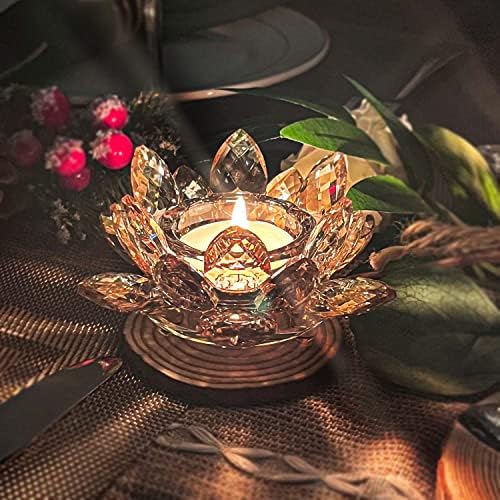 Crystal Lotus Flower Tealight Candle Holders/Glass Tea Light Candlestick Decor Decoration for Christmas Home Wedding Party… (Gold 1pc) - Image 2