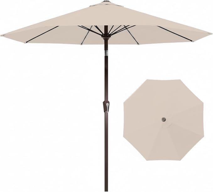 9FT Auto-Tilt Patio Umbrella|Outdoor Market Table Umbrella with 8 Fiberglass Ribs for Pool,Deck&Backyard