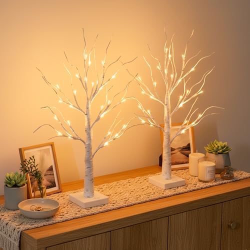 EAMBRITE Christmas Decorations Indoor Lighted Birch Tree Home Decor, 2Pack 24 LED Light Up Tabletop Mini Small Artificial White Trees Lamp with Lights Battery Operated/USB for Winter Table Mantel 2FT - Image 3