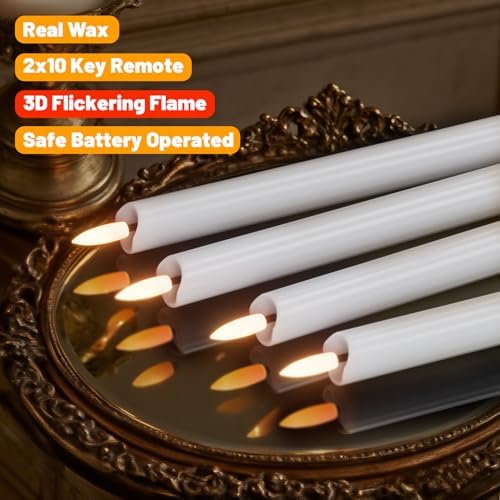 Wondise Flameless Taper Candles with Remote Timer Real Wax White - Image 3