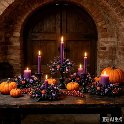 6 Pcs 1.38" Mini Halloween Taper Candle Rings Wreaths Small Artificial with Black Foliage Purple Blooms Orange Berries Pom Flowers Taper Candle Holder Wreath for Spooky Farmhouse Home Candlesticks - Image 6