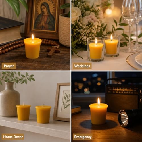 Beeswax Votive Candles 12 Pack, 2x2 Inch Pure Natural Wax Candles Smokeless & Unscented Honey Scent for Prayer, Home Decor, Emergency & Weddings, 10-Hour Burn Time (120 Hrs Total) - Image 5