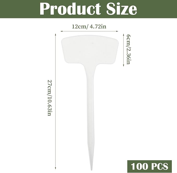 100 Pcs Plant Labels,T-Type 10.63inch Large Plastic Plant Tags Waterproof Plant Makers Nursery Garden Labels for Outdoor Indoor Plants Flowers Vegetable Potted Belt Marker Pen (White)