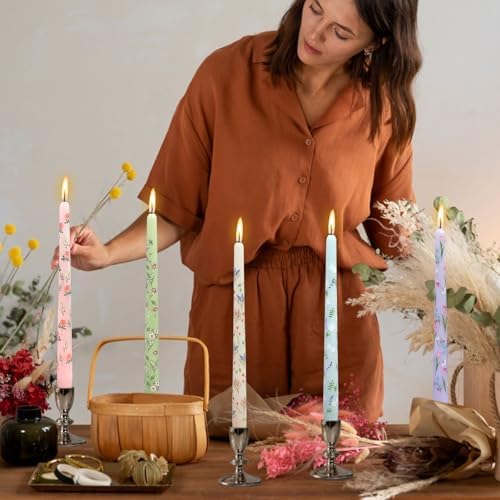 NJAO HOO Flower Candlesticks 10 in Straight Taper Candles Hand Printing Colored Pink Candlesticks Floral Tall Tapered Candle for Spring Home Garden Decor Simple Modern, 2Pcs - Image 4