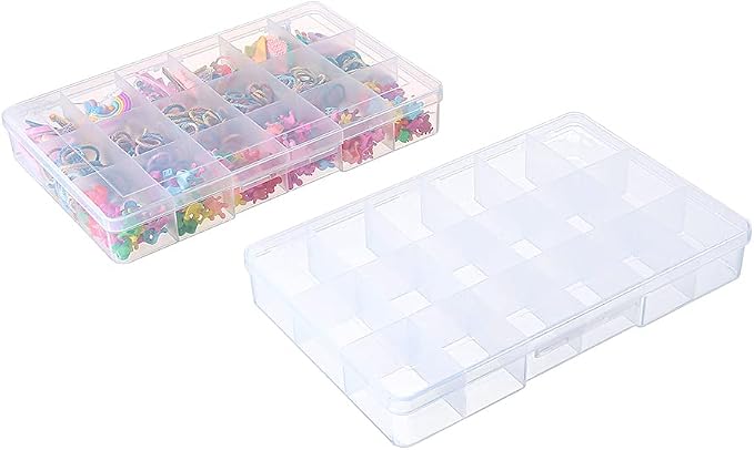 2 Pack Fixed 18 Grids Clear Plastic Compartment Container Case, Transparent Organizer Storage Divider Box with Lid for Bead, Button, Hardware, Screw, Sewing Kit, Craft Supplies
