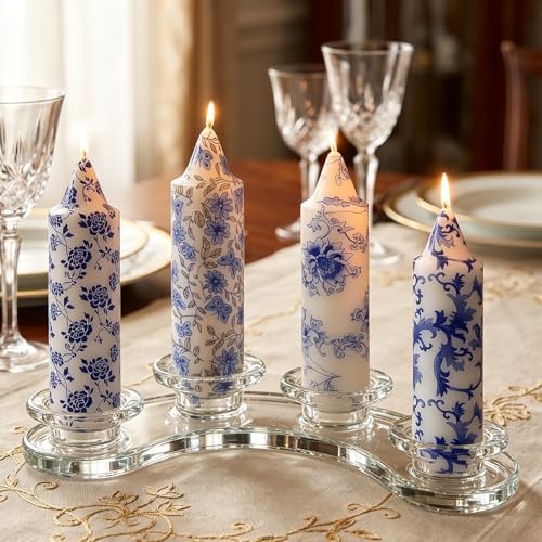 NJAO HOO Floral Taper Candles 5 Inch Short Candlesticks Hand Printed Blue and White Candlesticks Unscented Tapered Candle Set for Spring Home Garden Decor, 4Pcs Mix by NJAOHOO