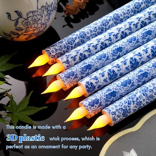 6 Pcs Blue and White Chinoiserie Flameless Candles – 10.6 Inch Porcelain Style Taper Candlesticks, Battery Operated LED Blue Candles for Wedding, Home & Table Centerpiece Decor - Image 3