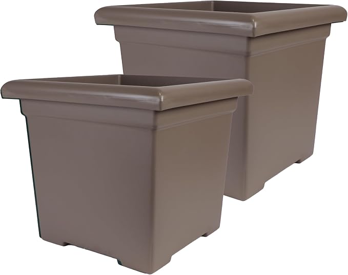 The HC Companies 12.5 Inch Accent Square Plant Pots with Drainage, Lightweight UV-Resistant Plastic Planters for Indoor & Outdoor Plants, 2-Pack Flower Pots for Garden, Office & Home Decor, Cappuccino